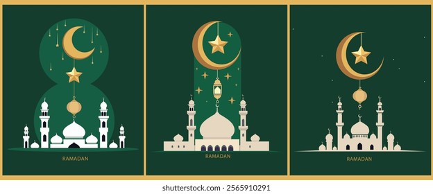 Elegant Ramadan illustration featuring crescent moons, stars, and mosque silhouette on a green background.
 Perfect for festive designs, Islamic themes, and spiritual celebrations
