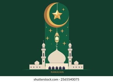 Elegant Ramadan illustration featuring a mosque, crescent moon, star, and lantern.
 Perfect for festive Islamic designs, religious events, greeting cards, and spiritual celebrations