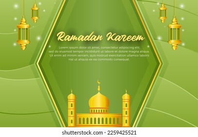 elegant ramadan kareem 2023 banner with mosque illustration luxury shiny islamic ornament and abstract gradient green and yellow background design