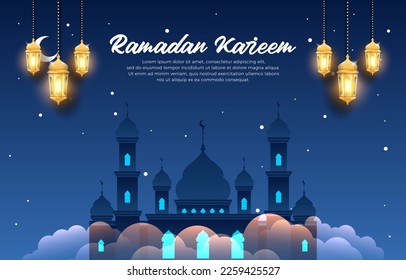 elegant ramadan kareem 2023 banner with beautiful illustration mosque luxury shiny islamic ornament and abstract gradient blue background design