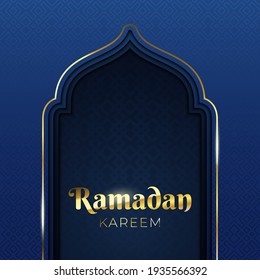 Elegant Ramadan Kareem background design. Beautiful Islamic greeting card with mosque door frame. Luxurious background design with Arabic pattern on dark background