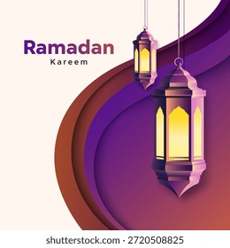 Elegante fundo Ramadan Kareem com um estilo de corte de papel moderno com lanternas penduradas e gradientes roxos em camadas. Perfeito para cumprimentos premium do mês sagrado islâmico e celebrações corporativas.