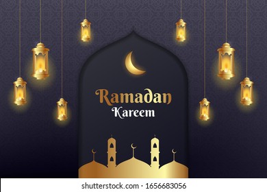 Elegant ramadan kareem background with golden moon, lantern, and mosque. Vector illustration.