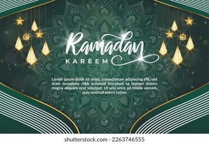 elegant ramadan kareem banner with beautiful shiny light luxury islamic ornament and abstract dark green background design