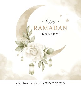 Elegant Ramadan kareem with crescent moon and watercolor floral