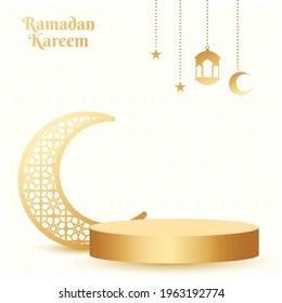 Elegant ramadan kareem decorative festival card. Muslim festival or Eid mubarak sale template with crescent moon and podium illustration.