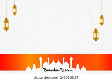  Elegant Ramadan Kareem decorative moon and lanterns greeting.