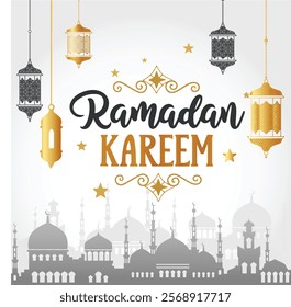 Elegant Ramadan Kareem design featuring gold and black lanterns, stars, and intricate patterns. A silhouette of mosques adds a serene backdrop, enhancing the festive and spiritual atmosphere.