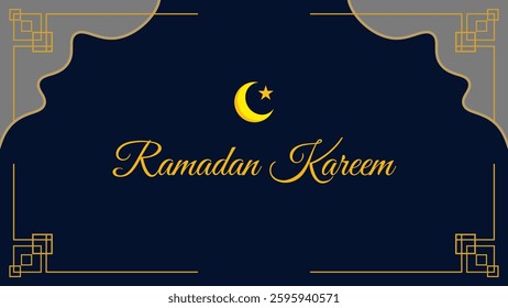 Elegant "Ramadan Kareem" design featuring a golden crescent moon and star on a deep blue background, framed with intricate gold and gray Islamic patterns. suitable for Eid or Ramadan or other content