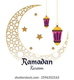 Elegant Ramadan Kareem Design with Intricate Golden Crescent Moon Traditional Lanterns and Starry Sky  Ideal for Islamic Festive Greetings Posters and Social Media Templates