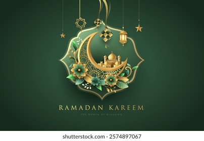 Elegant Ramadan Kareem design on dark green background with gold ornament star, moon, flowers and lanterns. Raya and ramadan template design for poster, banner and greeting cards.