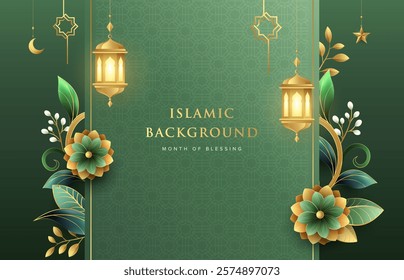 Elegant Ramadan Kareem design on green Islamic pattern background with gold ornament star, moon, flowers and lanterns. Raya and ramadan template design for poster, flyer, banner and greeting cards.