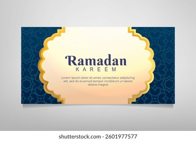 Elegant Ramadan Kareem design on blue Islamic pattern background. Ramadan template design for poster, flyer, banner and greeting cards.