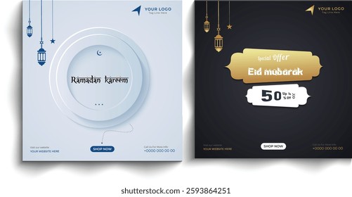 "Elegant Ramadan Kareem and Eid Mubarak Sale Designs: Lanterns, Gold Accents, and Up to 50% Off Special Offers"







