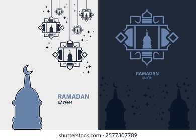 Elegant Ramadan Kareem greeting card design with traditional lanterns and mosque silhouette. Perfect for Ramadan celebrations and social media posts.