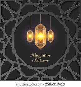 Elegant Ramadan Kareem greeting card featuring glowing Arabic lanterns, black islamic pattern and golden calligraphy on a dark background, symbolizing spirituality, faith, and festivity.