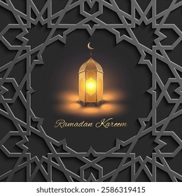 Elegant Ramadan Kareem greeting card featuring a glowing Arabic lantern, intricate geometric Islamic patterns, and golden calligraphy on black islamic pattern background, symbolizing spirituality