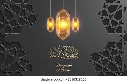 Elegant Ramadan Kareem greeting card with glowing Arabic lanterns, golden calligraphy, and intricate geometric Islamic patterns on a dark background, symbolizing spirituality, faith, and festivity.