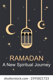 Elegant Ramadan Kareem Greeting Card With Lantern, Crescent Moon, And Stars On Dark Background For Islamic Celebration