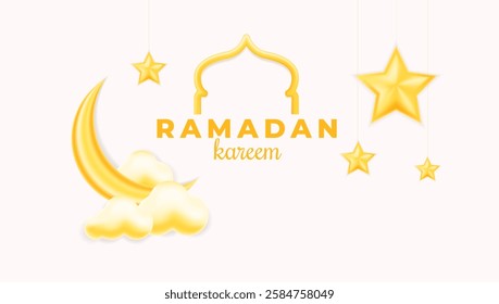 Elegant Ramadan Kareem greeting with golden crescent moon, stars, and clouds. Islamic festive designs, Eid celebrations, and Ramadan wishes