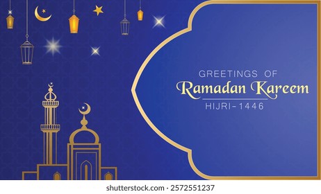 Elegant Ramadan Kareem greetings featuring a golden mosque, lanterns, a crescent moon, and stars on a rich blue background are perfect for Islamic festive themes.  