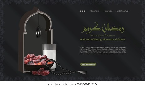 Elegant Ramadan Kareem iftar landing page and banner. Illustration of dates and glass of water symbolic for breaking the fast. Translation Arabic word means Ramadan.