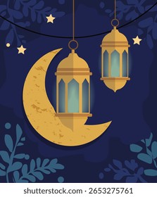  Elegant Ramadan Kareem Illustration with Crescent Moon and Lanterns