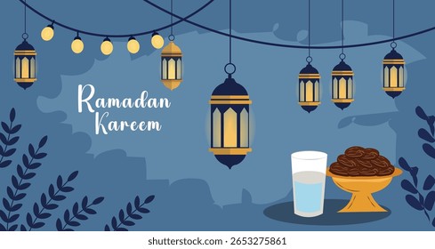  Elegant Ramadan Kareem Illustration with Crescent Moon and Lanterns
