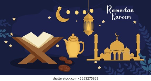  Ilustração elegante Ramadã Kareem com Lua Crescente e Lanternas
