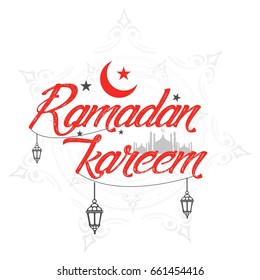  Elegant Ramadan Kareem Lanterns or Fanous Hanging With Colorful Lights in Islamic Pattern Background for the Holy Month Occasion of fasting. 