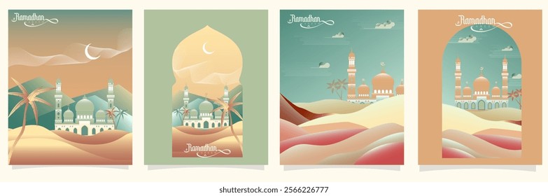 elegant Ramadan Kareem .Modern beautiful design in pastel colors with mosque, moon crescent, and desert landscapes, stars in the sky, arches window perfect for Set of posters, cards, holiday covers