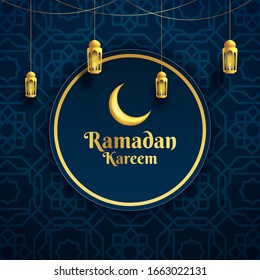 Elegant Ramadan Kareem poster with crescent moon, lantern, and islamic ornament background. Vector Illustration