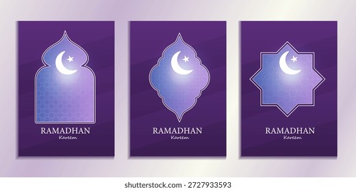Elegante diseño de Vector Ramadan Kareem con una luna creciente, estrellas y patrones islámicos tradicionales sobre un lujoso fondo de gradiente púrpura. Perfecto para saludos de mes sagrado, celebraciones de Eid, publicaciones en redes sociales y Anuncios de eventos religiosos. Ilustración de alta calidad diseñada para profesionales y Uso comercial durante las festividades islámicas.