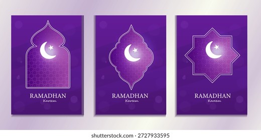 Elegante diseño de Vector Ramadan Kareem con una luna creciente, estrellas y patrones islámicos tradicionales sobre un lujoso fondo de gradiente púrpura. Perfecto para saludos de mes sagrado, celebraciones de Eid, publicaciones en redes sociales y Anuncios de eventos religiosos. Ilustración de alta calidad diseñada para profesionales y Uso comercial durante las festividades islámicas.