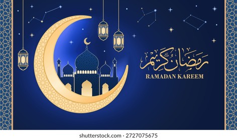 Elegante vetor Ramadã Kareem com uma silhueta da mesquita, crescente brilhante, lanternas penduradas e padrões islâmicos dourados em um céu estrelado azul profundo