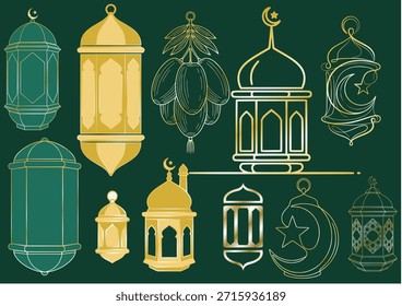 Elegantes Ramadan-Laternenset mit islamischen Dekorationselementen im Luxusstil. Diese Vektorgrafik ist ideal für Ramadan- und Id-Entwürfe, darunter Poster, Banner, Social-Media-Inhalte, Einladungen, Hintergründe und islamische Markenprojekte. Sauber, professionell und geeignet für Print und Digital.