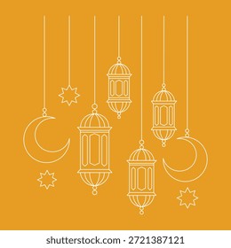 Linternas de Ramadán elegantes y lunas de media luna sobre fondo naranja