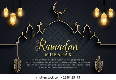 elegant ramadan mubarak 2023 template banner with luxury shiny islamic ornament and abstract gradient black and golden background design