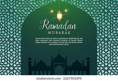 elegant ramadan mubarak banner with abstract gradient blue and green and beautiful shiny luxury islamic ornament