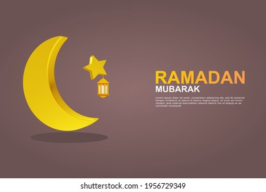 Elegant ramadan mubarak banner background design with golden crescent moon, lantern and stars, ramadan and eid al adha posters, greeting cards, brochures, 3d background renderings