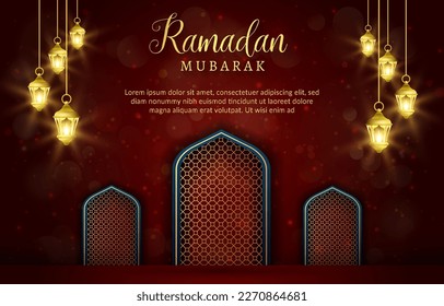 elegant ramadan mubarak banner illustration with beautiful shiny luxury light islamic ornament and abstract gradient dark red background