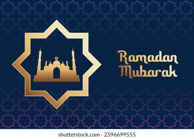 Elegant Ramadan Mubarak banner with star and gold mosque on decorative blue background