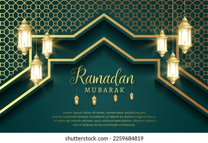 elegant ramadan mubarak with beautiful shiny luxury islamic ornament and abstract gradient green and golden background
