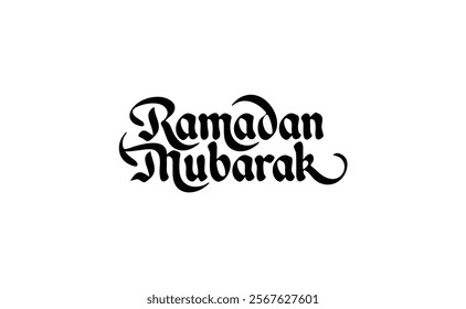 Elegant "Ramadan Mubarak" Calligraphy for a Festive Greeting. A sophisticated and ornate calligraphy design conveying the phrase "Ramadan Mubarak." The dark, bold script against a simple white backgro