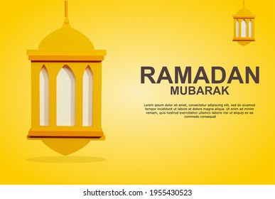 Elegant ramadan mubarak greeting card with glowing 3d lanterns on gold background, ramadan and eid al adha posters, banners, greeting cards, brochures, 3d background renderings