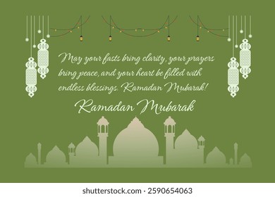 Elegant Ramadan Mubarak greeting card featuring a mosque silhouette, festive lantern decorations, and a heartfelt message, perfect for celebrating the festive season and sharing blessings.