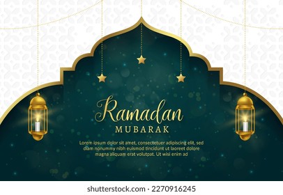 elegant ramadan mubarak illustration banner with shiny light islamic ornament and abstract gradient green and white background design