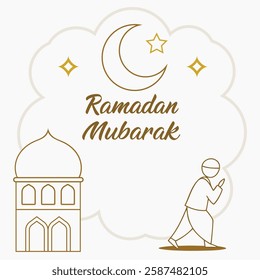 Elegant Ramadan Mubarak Illustration Featuring Crescent Moon, Mosque, and Praying Figure