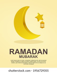 Elegant ramadan mubarak poster and banner design with crescent moon, lantern and stars, ramadan and eid al adha posters, greeting cards, brochures, 3d background renderings