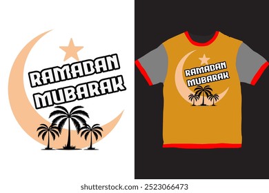 Elegant Ramadan Mubarak Typography T-Shirt Design with Crescent Moon and Stars
